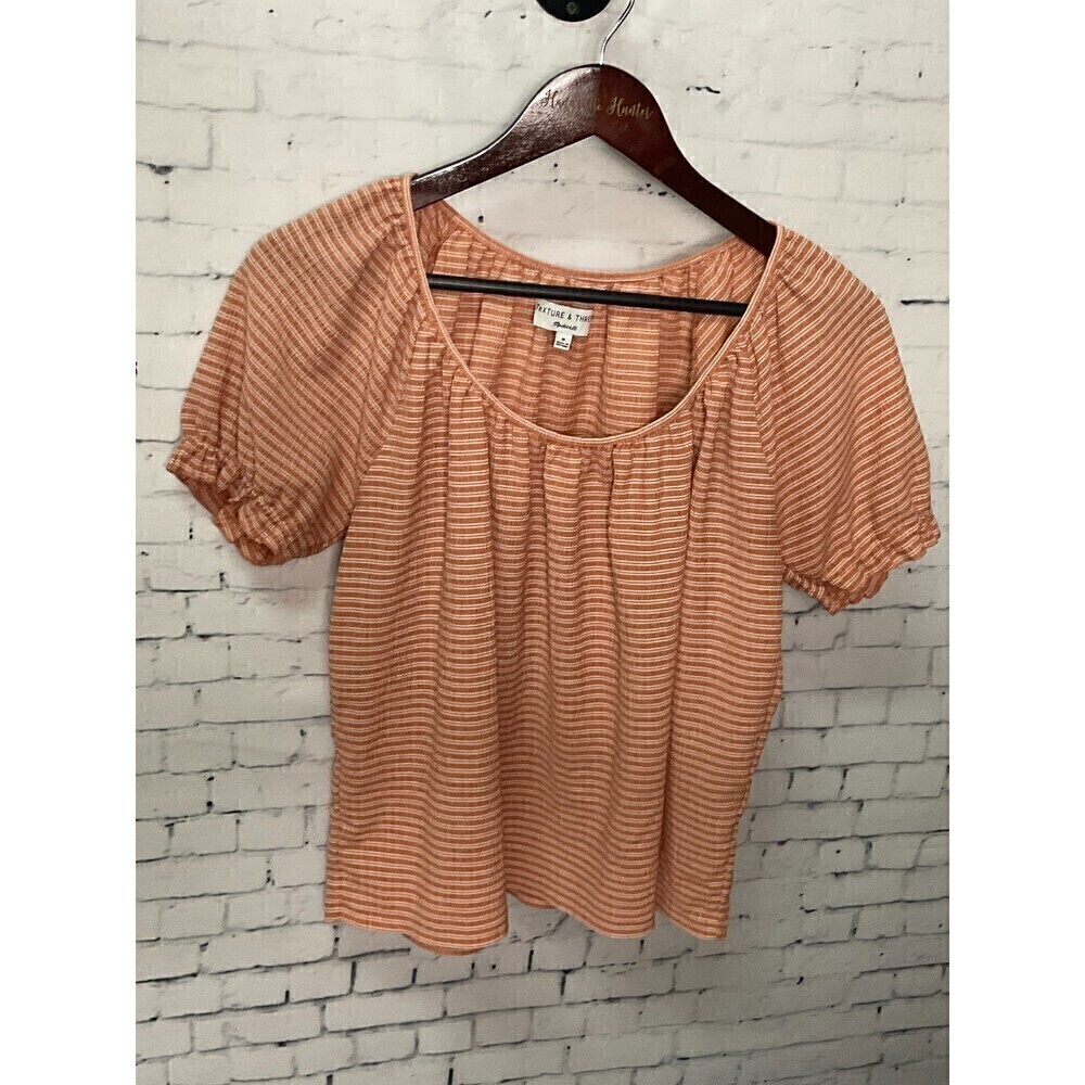 Madewell TEXTURE & THREAD Women's Rust White Stripe Top Shirt Stretch Sz. M (N2)